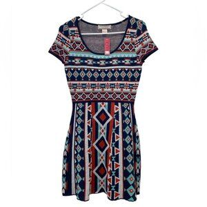 Flying Tomato Multicolor Tribal Print Knit Dress S Scoop Neck Short Sleeve